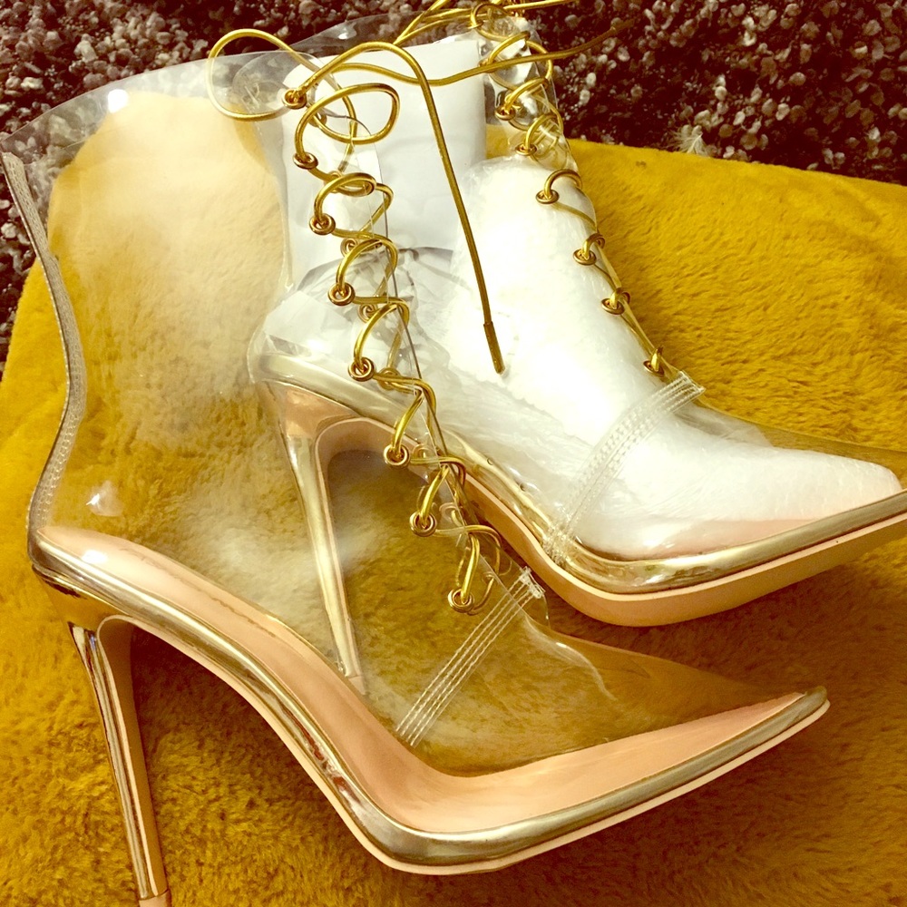 Fashion Nova Clear Lace-Up Stiletto Boots with Gold Trim and Nude Accents